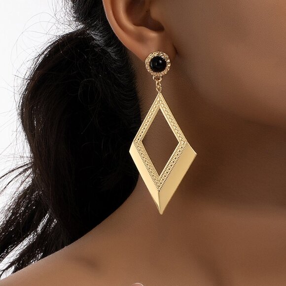 3/$35 Chunky 14K Gold Plated Large Dangle Drop Statement Earrings Rhombus - Picture 1 of 6